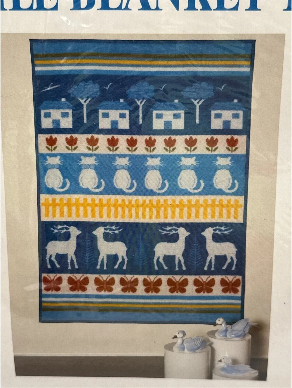 Vintage Reygers High Pile Blanket 60x80” Cats Reindeer Houses Made In Greece